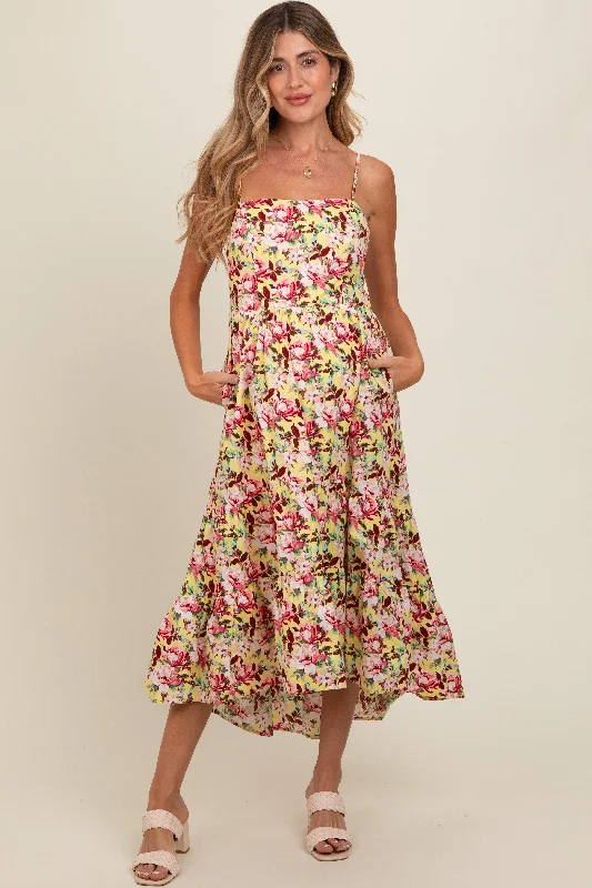 Yellow Floral Tiered Hi-Low Maternity Midi Dress Stylish Striped Midi Dress