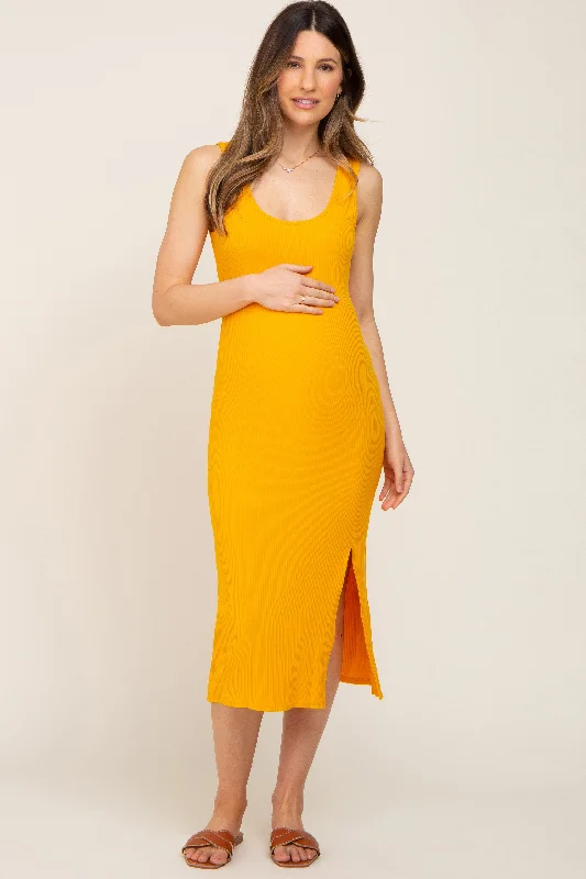 Yellow Ribbed Back Cutout Maternity Midi Dress Stylish Animal Print Midi Dress