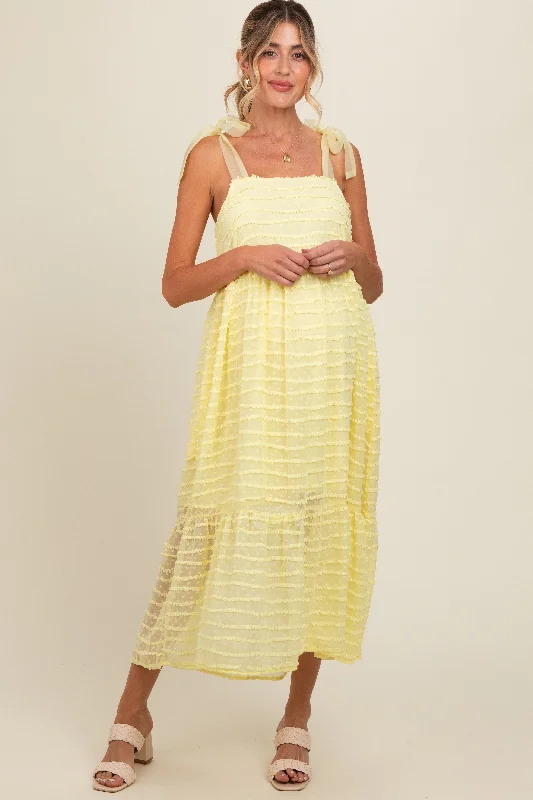 Yellow Textured Shoulder Tie Maternity Midi Dress Trendy Tiered Hem Midi Dress