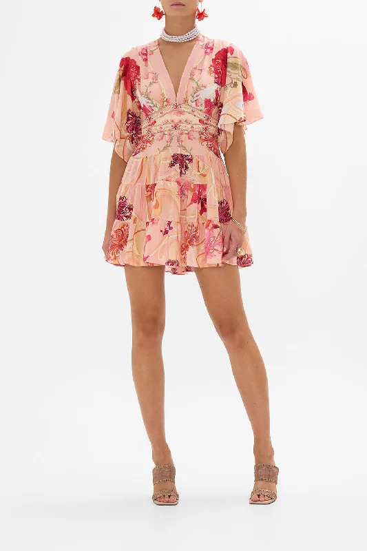 TIERED SKIRT MINI DRESS BLOSSOMS AND BRUSHSTROKES Cozy Long Sleeve Mini Dress