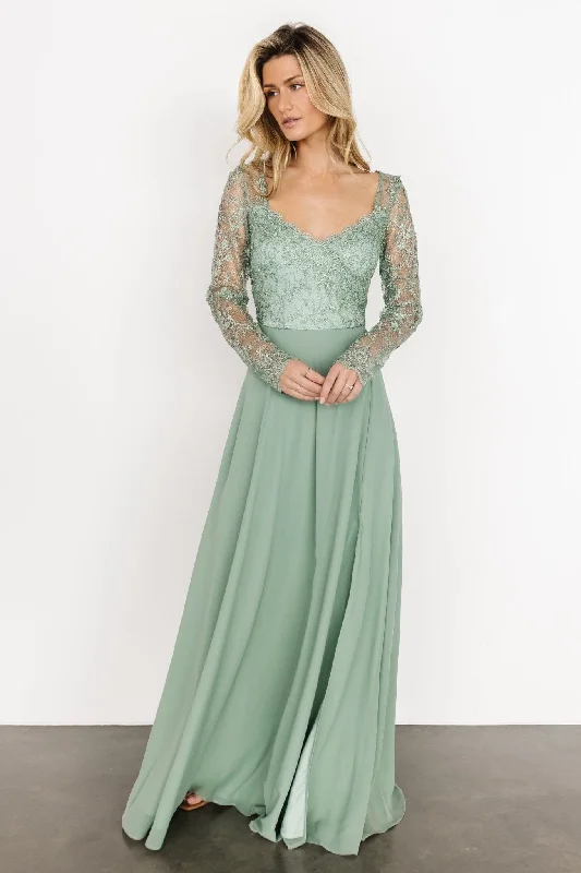 Adalaide Long Sleeve Maxi Dress | Dusty Sage Comfortable Fitted Maxi Dress
