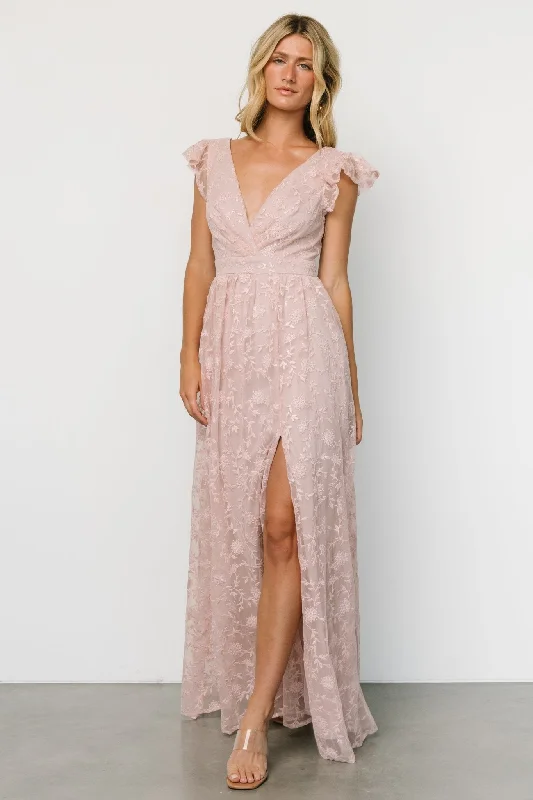 Alexa Embroidered Sequin Maxi Dress | Blush Rose Stylish Pleated A-Line Maxi Dress