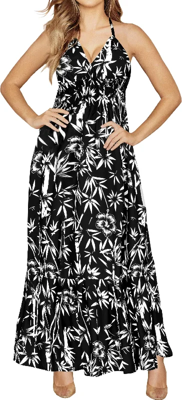 Allover Palm Tree Printed Black Halter Neck Long Maxi Dress Trendy Maxi Dress with Lace