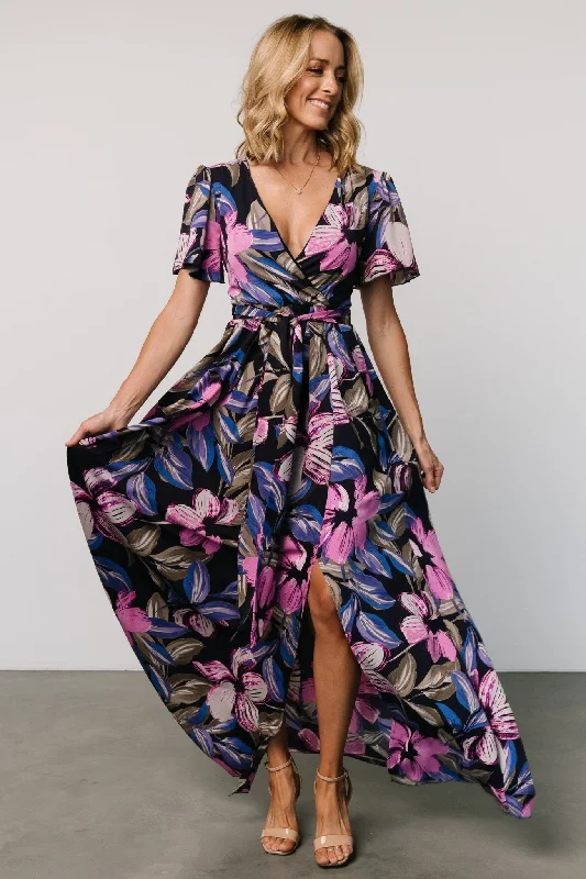 Alva Maxi Dress | Black Multi Trendy Maxi Dress with Bow