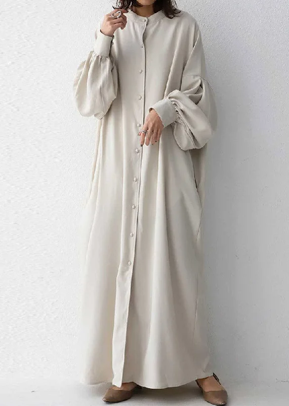 Apricot Cozy Button Maxi Dress Lantern Sleeve Stylish One-Shoulder Maxi Dress