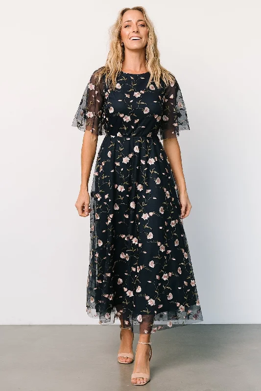 Arabella Embroidered Tulle Maxi Dress | Pink + Navy Chic Summer Maxi Dress