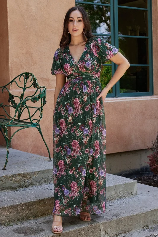 Ardley Maxi Dress | Green + Pink Floral Classic Tulle Maxi Dress