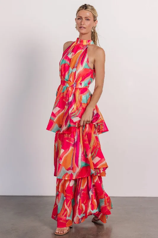 Autumn Halter Maxi Dress | Fuchsia Multi Elegant Maxi Dress with Belt