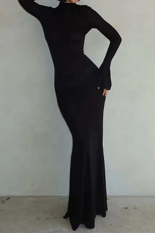 Backless Mock Neck Bodycon Maxi Dress Fashionable Maxi Dress with Fringe