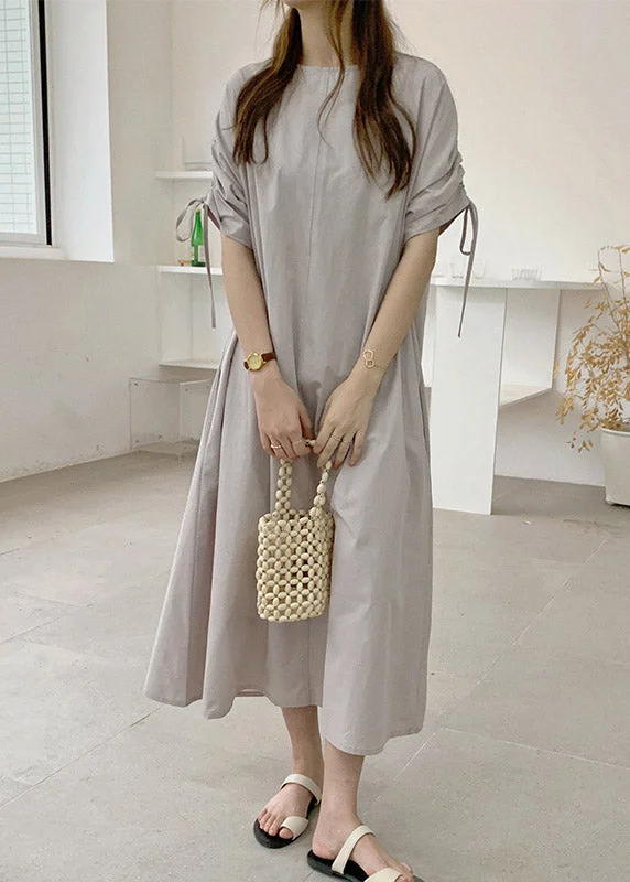 Beige Wrinkled Cotton Maxi Dress Long Sleeve Elegant Boho Maxi Dress