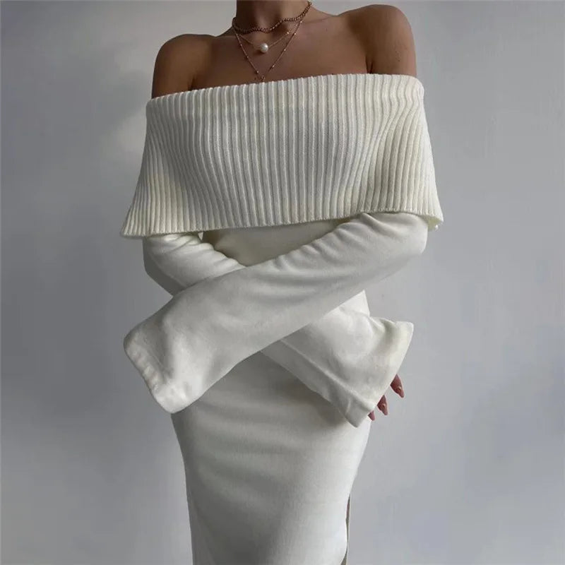 2024 Off-Shoulder Lapel Neck Sexy Long Sleeve Maxi Dress Trendy Fit-and-Flare Maxi Dress 2024 Off-Shoulder Lapel Neck Sexy Long Sleeve Maxi Dress Trendy Fit-and-Flare Maxi Dress