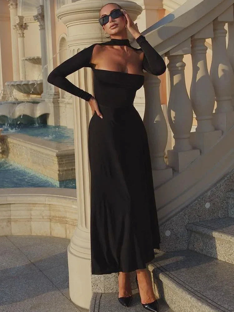 2024 Sexy Cut Out Solid Elegant Women's Night Club Maxi Dress Trendy Maxi Dress with Bow