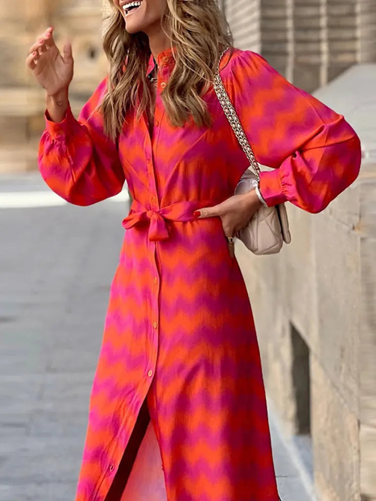 2024 Elegant Lady Tie Dye Ruffled Lace Up Waist V-neck Maxi Dress Comfortable Ruffle Hem Maxi Dress