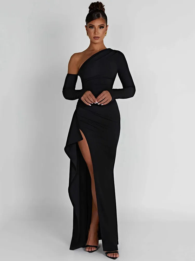 2024 Mozision Oblique Shoulder Thigh High Split Long Sleeve Maxi Dress Trendy Maxi Dress with Straps 2024 Mozision Oblique Shoulder Thigh High Split Long Sleeve Maxi Dress Trendy Maxi Dress with Straps