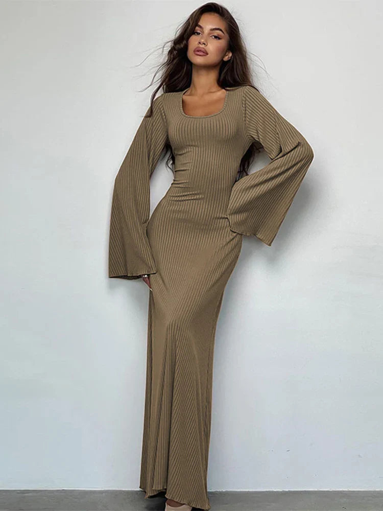 2024 Elegant Bodycon Flare Sleeve Maxi Dress Stylish Button-Up Maxi Dress