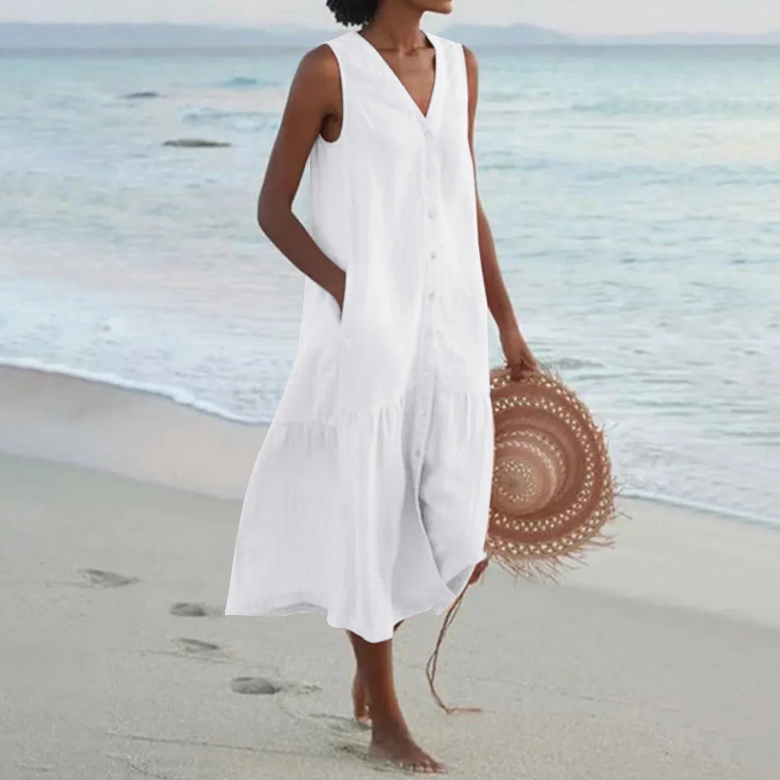 2024 Elegant Solid Shirt Summer Sleeveless V Neck Harajuku Maxi Dress Comfortable Casual Maxi Dress 2024 Elegant Solid Shirt Summer Sleeveless V Neck Harajuku Maxi Dress Comfortable Casual Maxi Dress