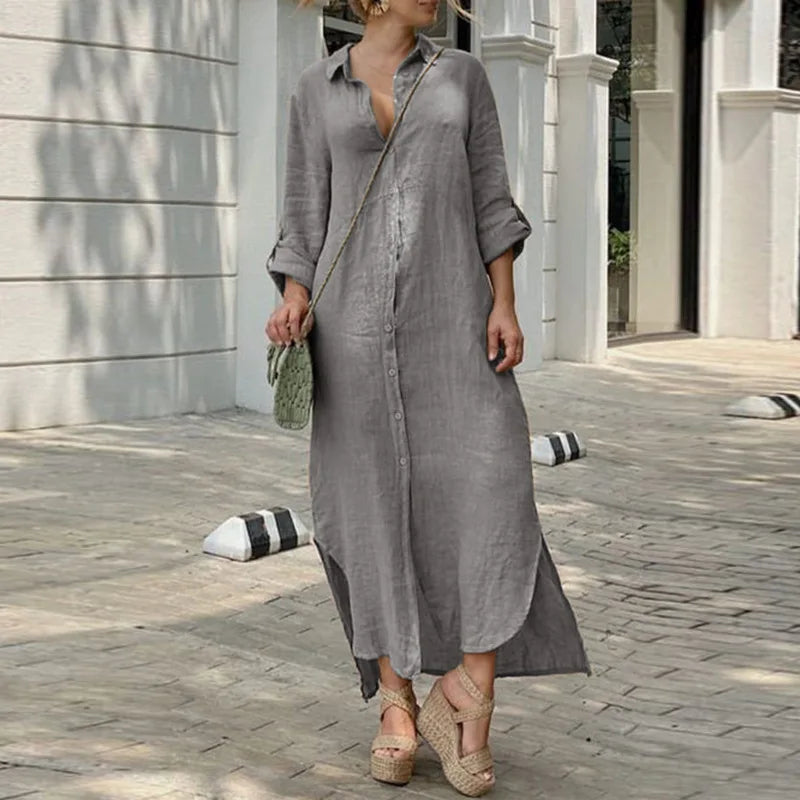 2024 Vintage Solid Tunicas Lapel Button Up Boho Maxi Dress Stylish Long Sleeve Maxi Dress 2024 Vintage Solid Tunicas Lapel Button Up Boho Maxi Dress Stylish Long Sleeve Maxi Dress