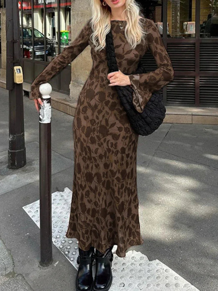 2024 New Street Slim Retro Print High Waist Femme Bodycon Maxi Dress Cozy Ruffle Sleeve Maxi Dress