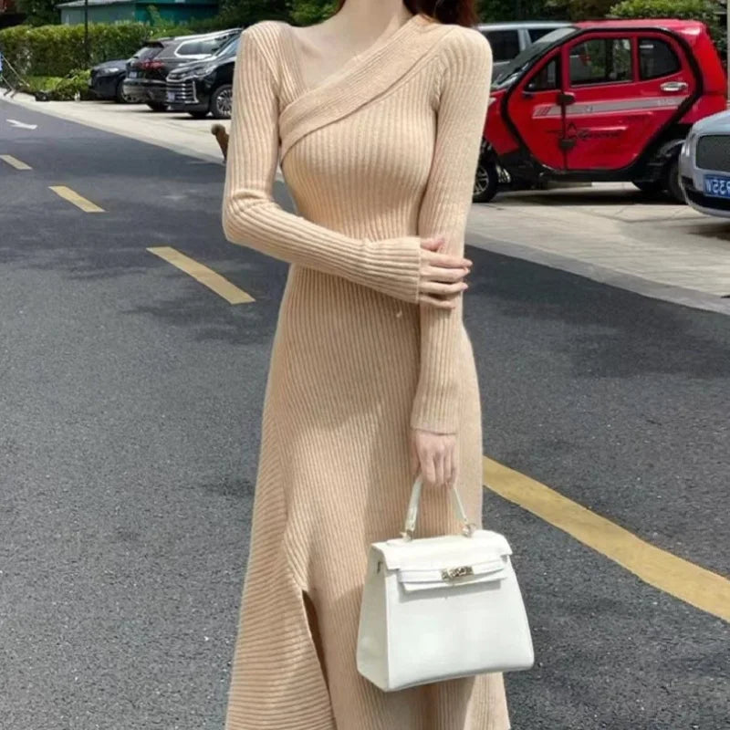 2024 New Chic V-neck Long Sleeves Solid Maxi Dress Fashionable Sleeveless Maxi Dress