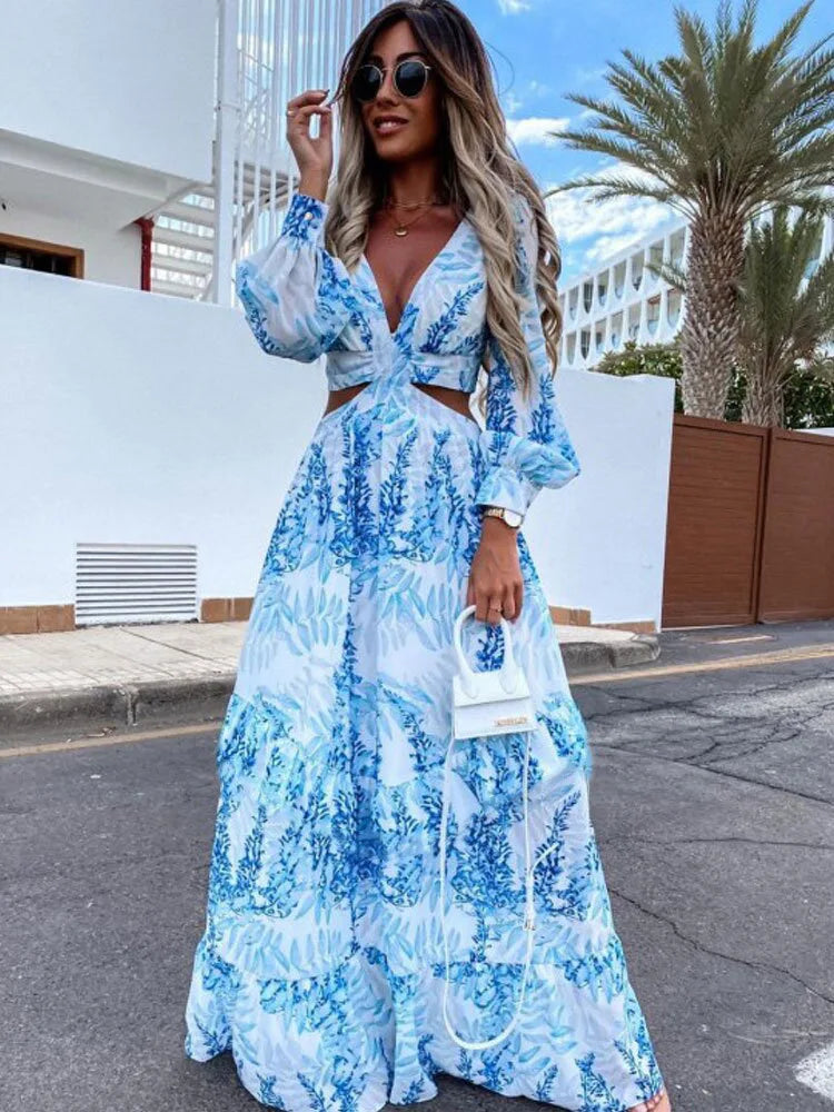 2024 Elegant V-Neck Print Long Sleeve Maxi Dress Elegant Velvet Maxi Dress