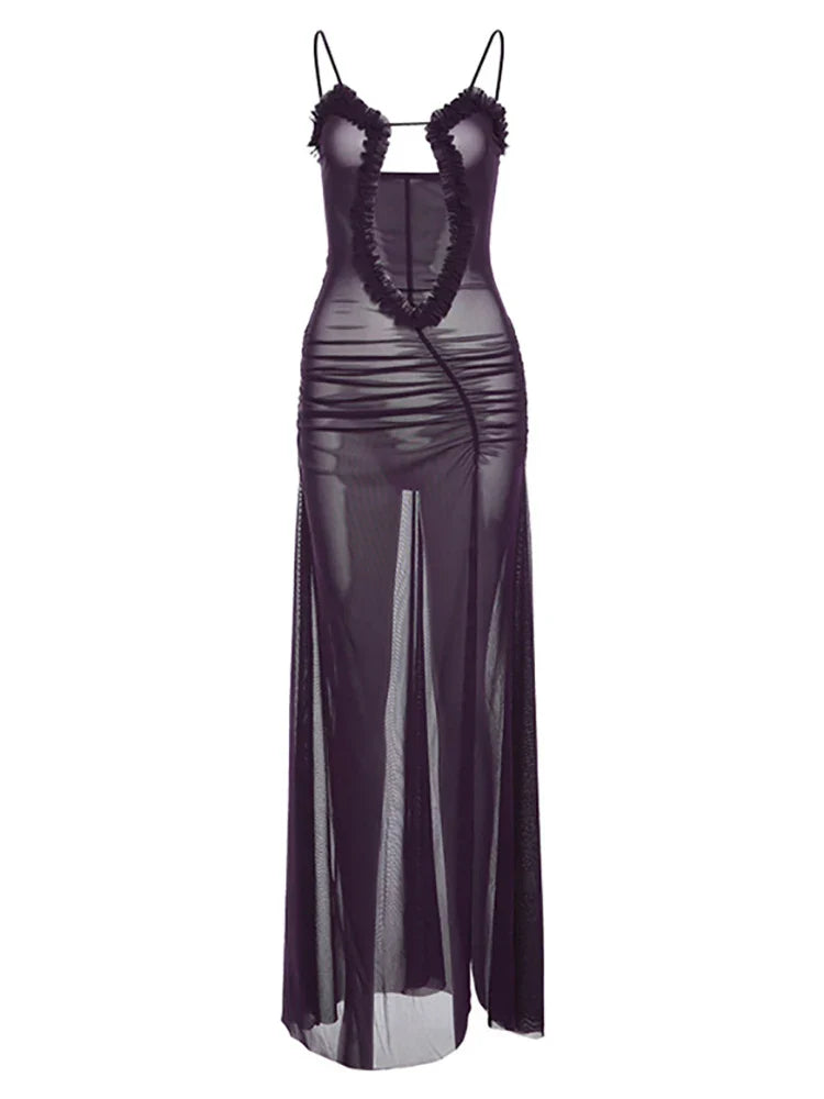 2024 Sexy Backless Mesh Split Sleeveless Maxi Dress Trendy Floral Print Maxi Dress
