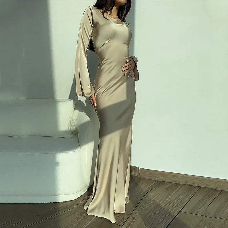 2024 Autumn Fashion Slim Flare Sleeve Lace Up Maxi Dress Elegant Silk Maxi Dress