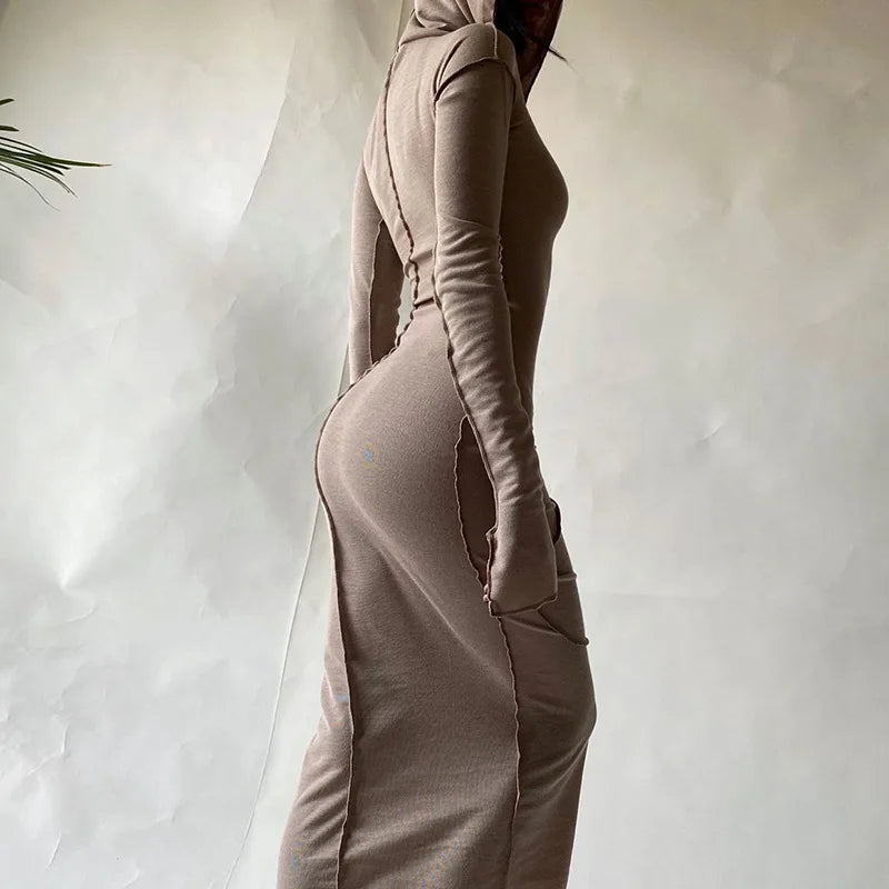 2024 Patchwork Hooded Long Sleeve Skinny Maxi Dress Trendy Maxi Dress with Straps