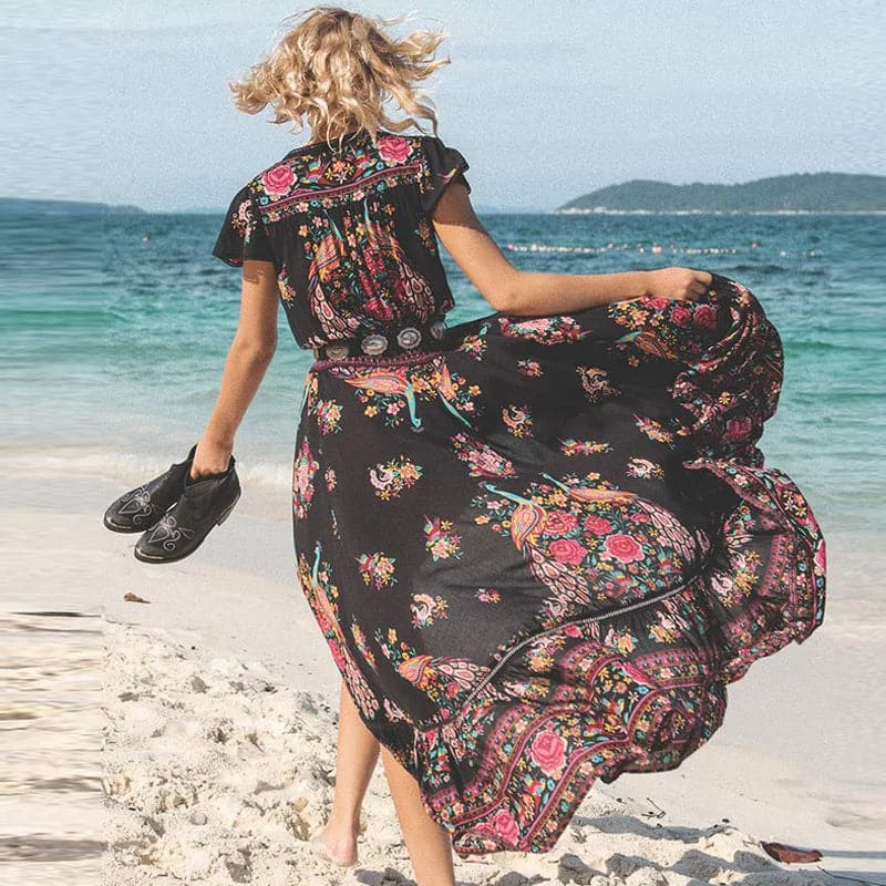 DeRuiLaDy New Women Summer  Boho Beach Maxi Dress Comfortable Pleated Maxi Dress