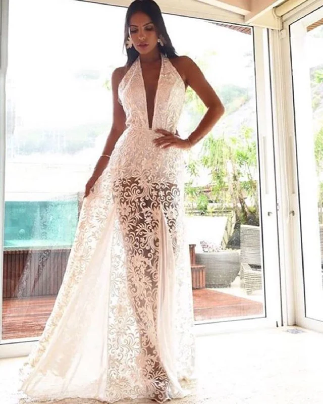Women Lace Vestidos Dress Sexy Halter Neck Long Maxi Dress Trendy Button Front Maxi Dress