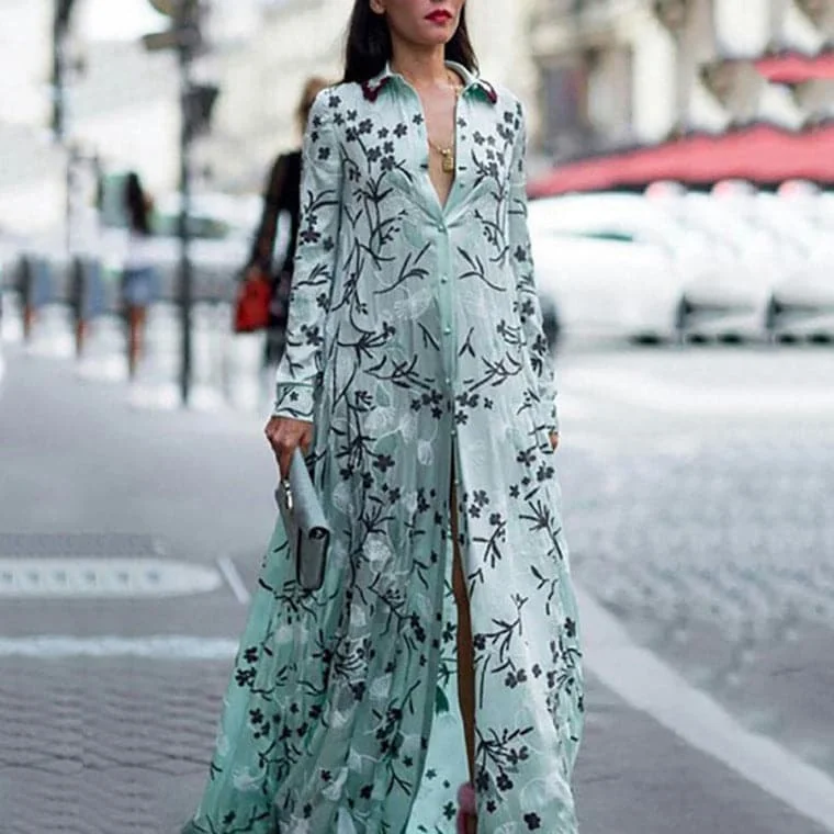 Women Print Dress  Long Sleeve Maxi Dresses Fashionable High-Low Maxi Dress