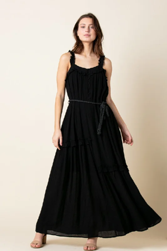 BLACK ASYMMETRIC SELF-TIE ROPE BELT RUFFLED MAXI DRESS MDR8420 Cozy Longline Maxi Dress
