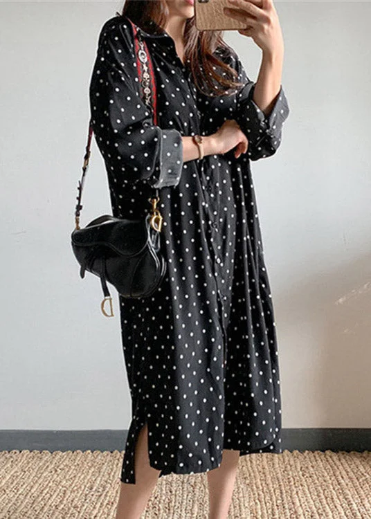 Black Dot Side Open Maxi Dress Long Sleeve Fashionable Faux Wrap Maxi Dress