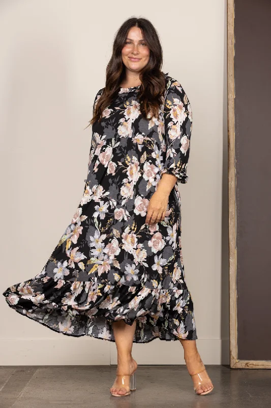 BLACK FLORAL RUFFLED PLUS SIZE MAXI DRESS VL5783 Cozy Maxi Dress with Slit