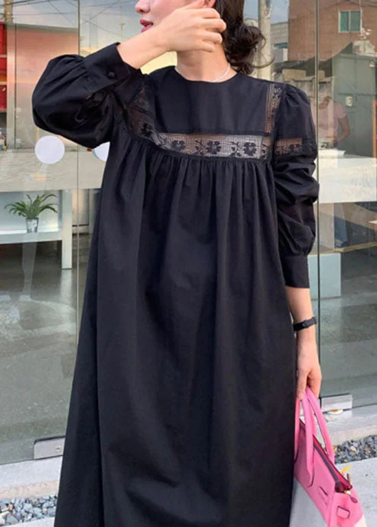 Black Patchwork Cotton Maxi Dress Hollow Out Lace Spring Elegant Pleated Maxi Dress