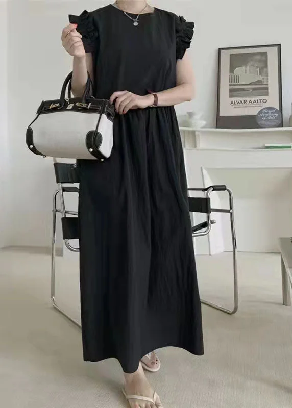Black Patchwork Cotton Maxi Dresses Ruffled Summer Elegant Wraparound Maxi Dress