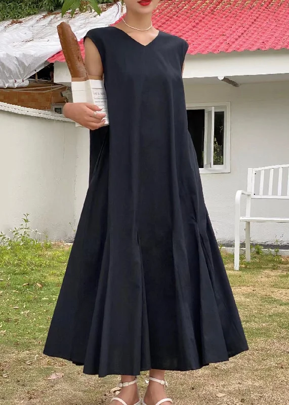 Black Patchwork Cotton Maxi Dresses V Neck Wrinkled Sleeveless Fashionable Faux Wrap Maxi Dress