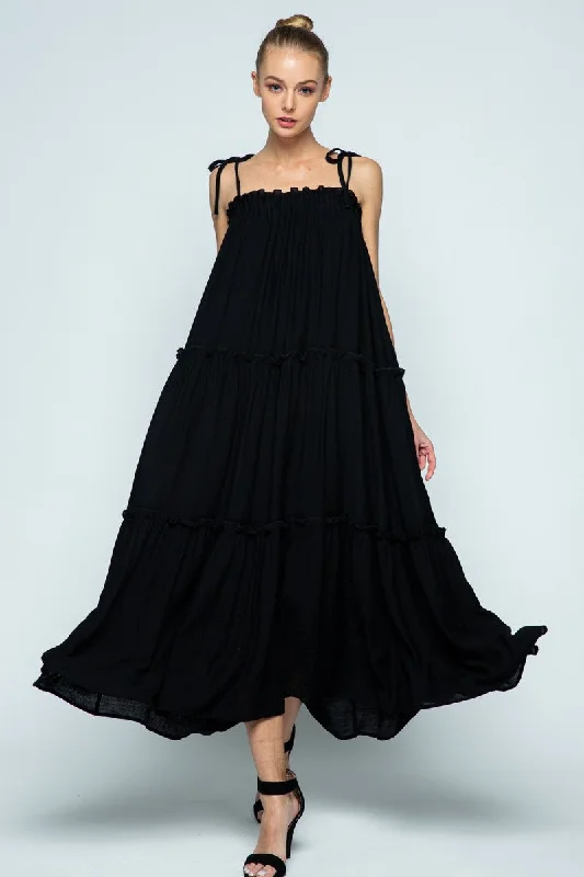 BLACK SELF-TIE SPAGHETTI STRAP RUFFLED SWING MAXI DRESS MDR8421 Fashionable Sleeveless Maxi Dress BLACK SELF-TIE SPAGHETTI STRAP RUFFLED SWING MAXI DRESS MDR8421 Fashionable Sleeveless Maxi Dress