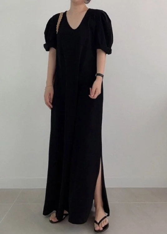 Black Side Open Knit Maxi Dress Long Sleeve Comfortable Ruffle Hem Maxi Dress