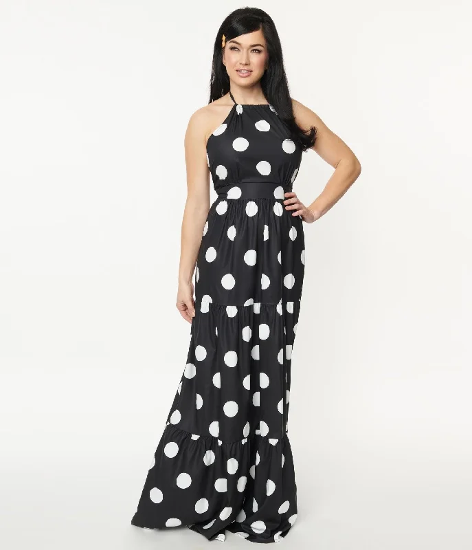 Black & White Polka Dot Halter Maxi Dress Elegant Maxi Dress with Drapes