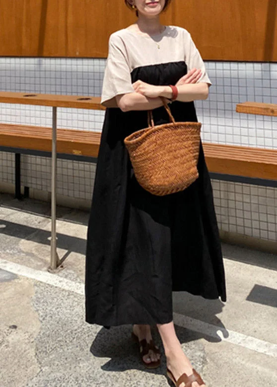Black Wrinkled Bow Maxi Dresses Short Sleeve Elegant Tiered Maxi Dress