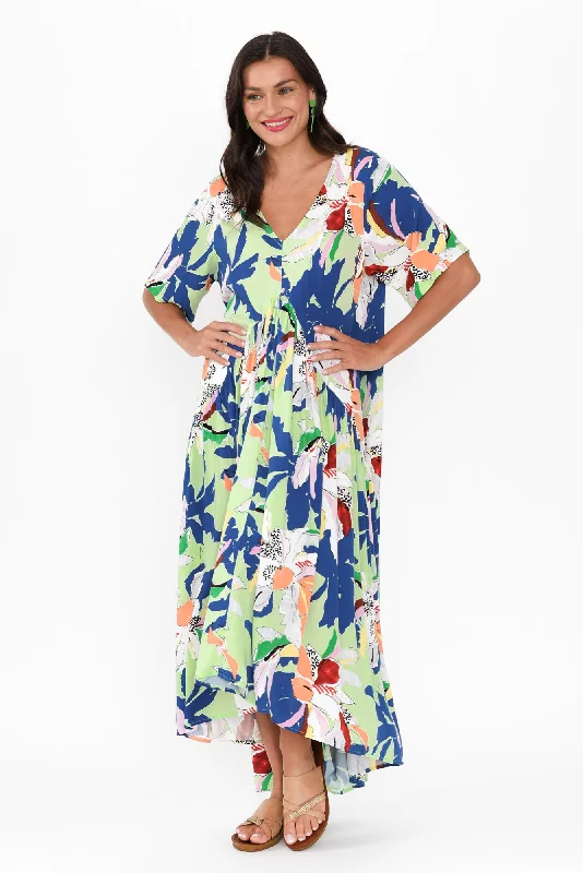 Blue Floral Peak Maxi Dress Classic V-Neck Maxi Dress