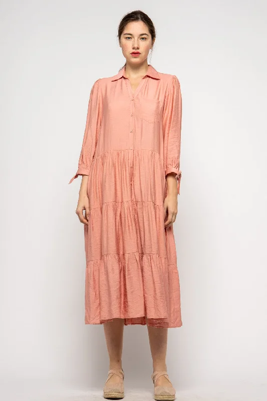 BLUSH COLLARED BUTTON DOWN RUFFLED MAXI DRESS MDR8829 Cozy Ruffle Sleeve Maxi Dress