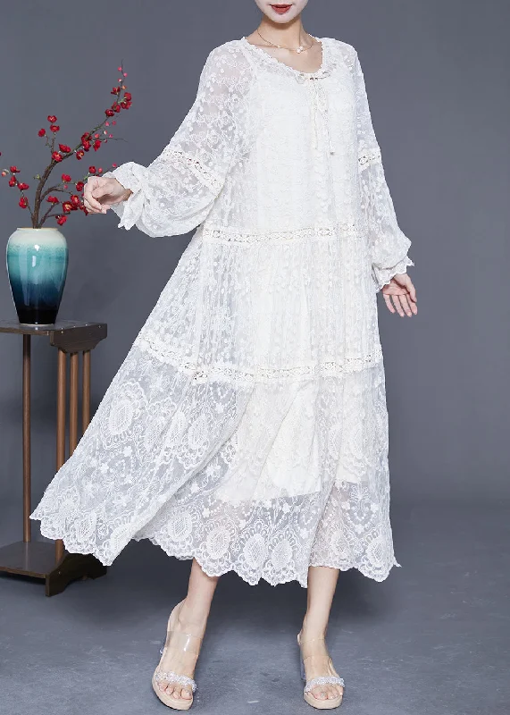 Bohemian White Embroideried Patchwork Hollow Out Lace Maxi Dress Lantern Sleeve Comfortable Ruffle Maxi Dress