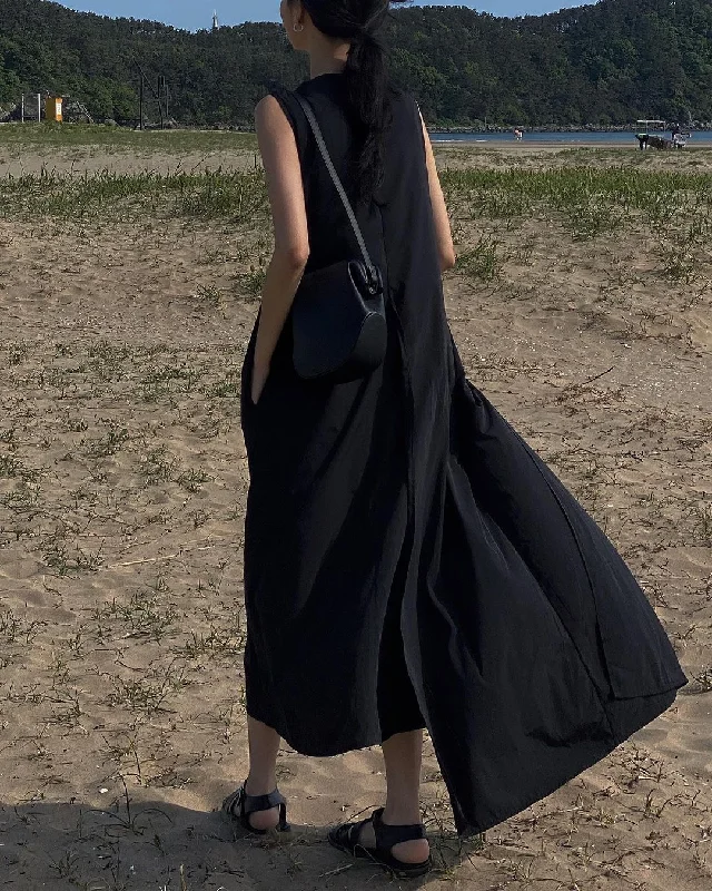 Boutique Black O-Neck Asymmetrical Patchwork Solid Maxi Dress Summer Fashionable High-Waist Maxi Dress