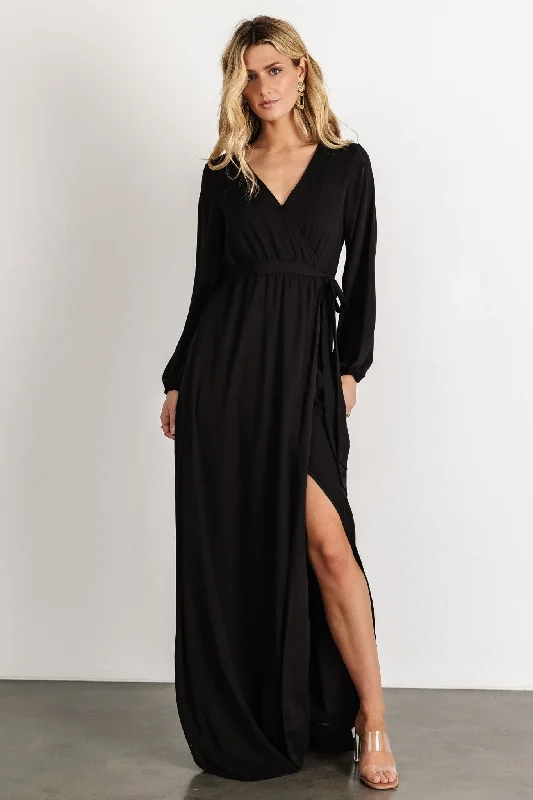 Breanne Faux Wrap Maxi Dress | Black Elegant Maxi Dress with Slit