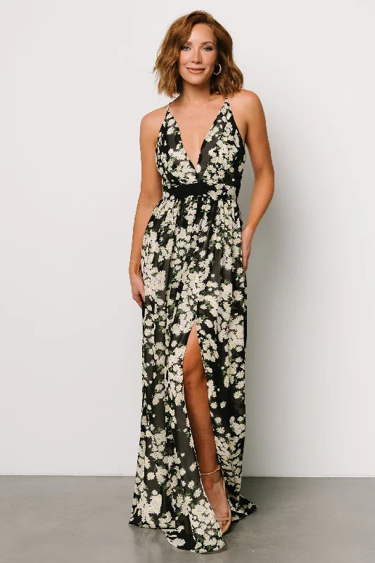 Brylee Maxi Dress | Black Flower Print Casual Maxi Dress with Pockets