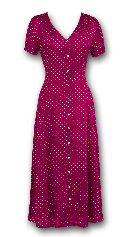 J. Peterman Women's V-Neckline Short Sleeve Button Front Satin Flowy Maxi Dress with Mini Polka Dots Fashionable High-Low Maxi Dress