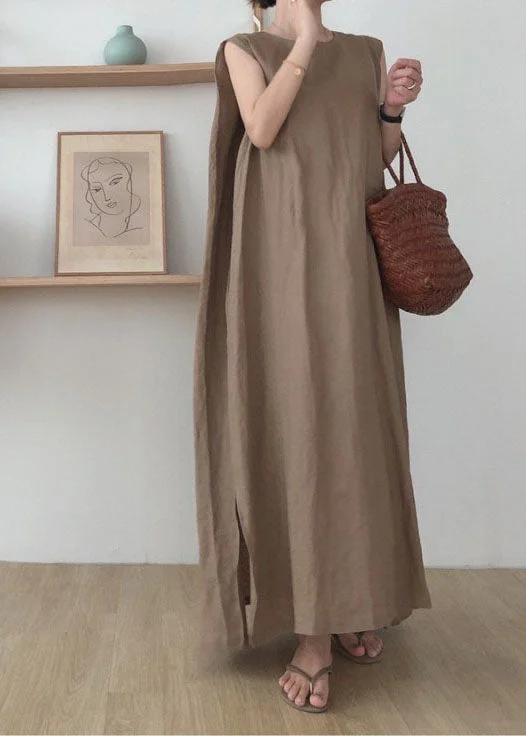 Camel Side Open Cotton Maxi Dresses O Neck Sleeveless Comfortable Maxi Dress with Slits Camel Side Open Cotton Maxi Dresses O Neck Sleeveless Comfortable Maxi Dress with Slits