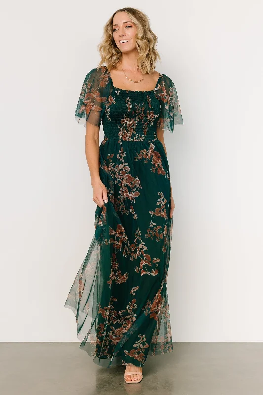 Cassandra Tulle Maxi Dress | Green + Bronze Floral Trendy Printed Maxi Dress
