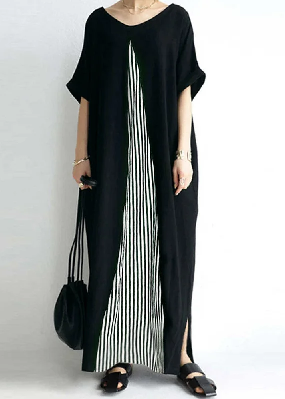 Casual Black O-Neck Striped Patchwork Cozy Maxi Dress Short Sleeve Elegant Maxi Dress with Ruffles